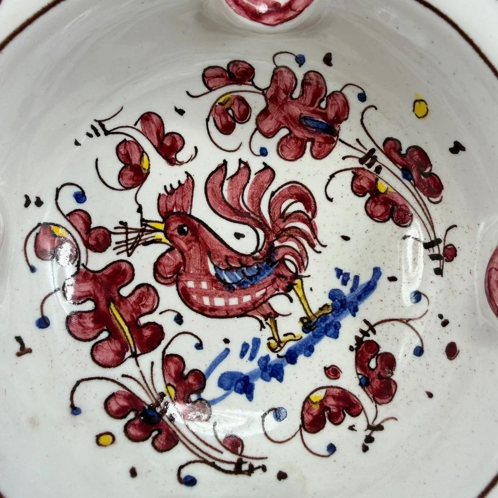 Vintage PV Italy Hand Painted Ceramic Rooster Ash Holder Red Floral Bowl 6724 D